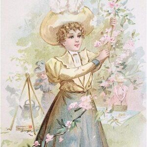 1898 Victorian Lithograph Beautiful Girl Yellow Blue Dress Picking Flowers DWMM4